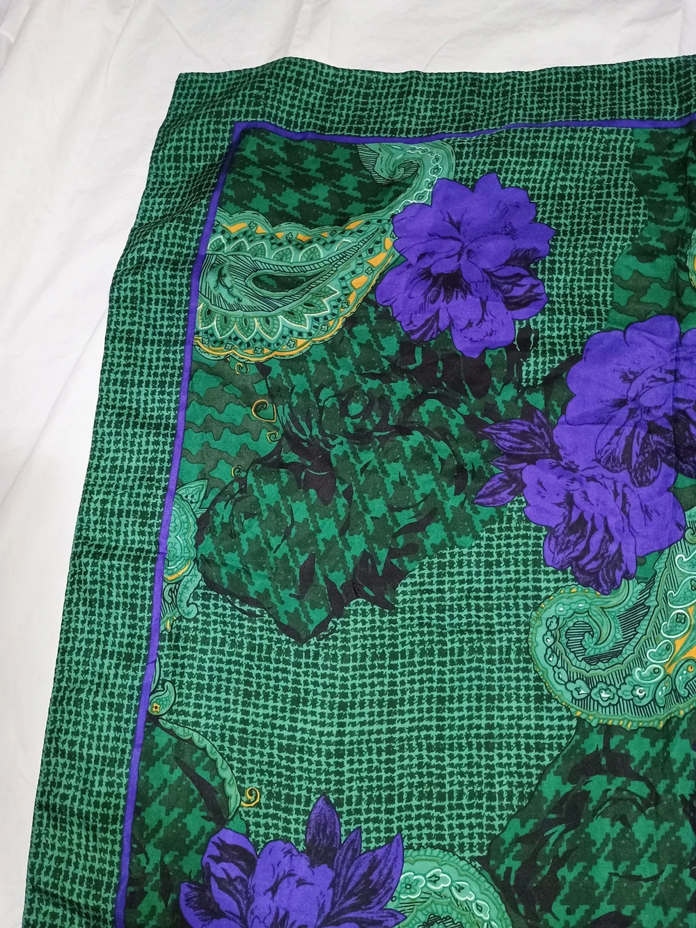 CHRISTIAN DIOR Green & Purple Floral Paisley Square Silk Scarf